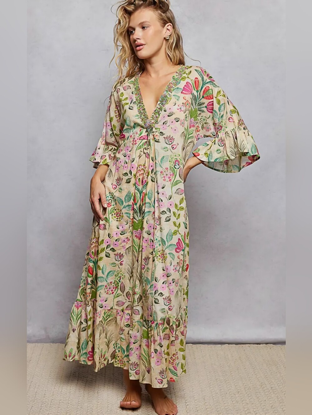 POL Floral Maxi Dress in Cream with Pink and Green Accents